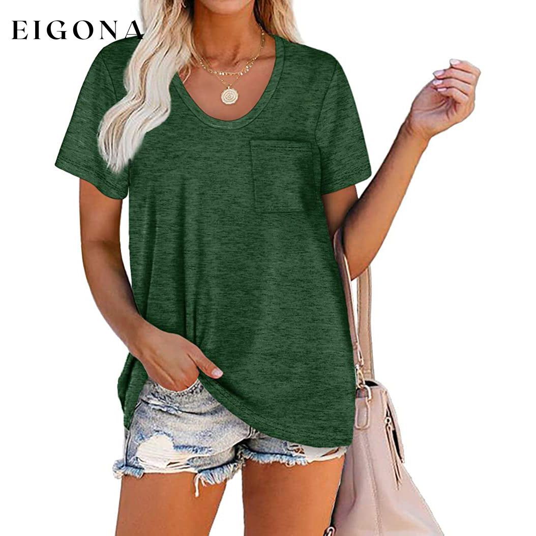 Women's Summer Short Sleeve Crew Neck Pocket Top Dark Green __stock:200 clothes refund_fee:800 tops