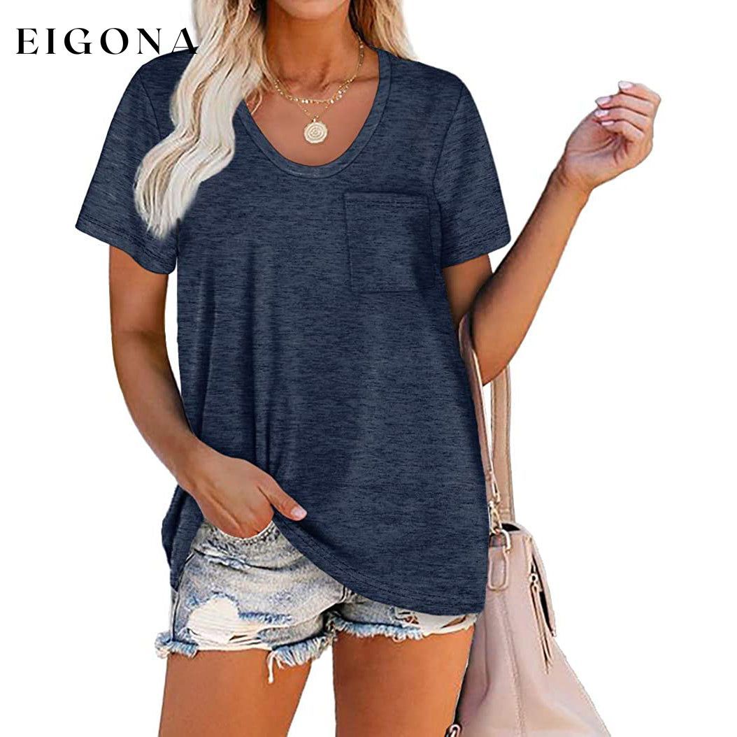 Women's Summer Short Sleeve Crew Neck Pocket Top Navy __stock:200 clothes refund_fee:800 tops