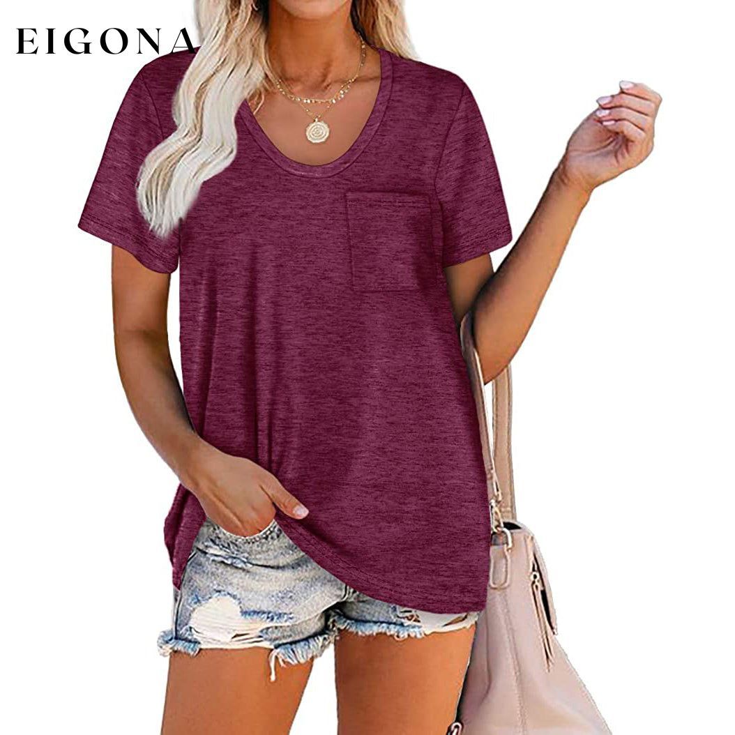 Women's Summer Short Sleeve Crew Neck Pocket Top Plum __stock:200 clothes refund_fee:800 tops