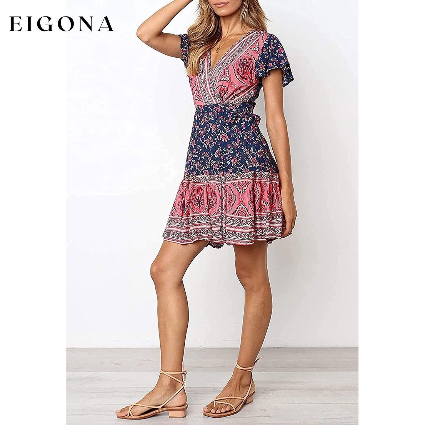 Women’s Summer Wrap V Neck Bohemian Floral Print Mini Dress __stock:200 casual dresses clothes dresses refund_fee:1200