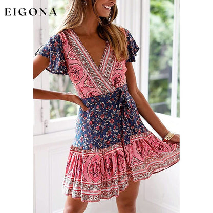 Women’s Summer Wrap V Neck Bohemian Floral Print Mini Dress __stock:200 casual dresses clothes dresses refund_fee:1200