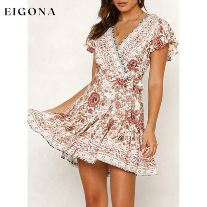 Women’s Summer Wrap V Neck Bohemian Floral Print Mini Dress __stock:200 casual dresses clothes dresses refund_fee:1200