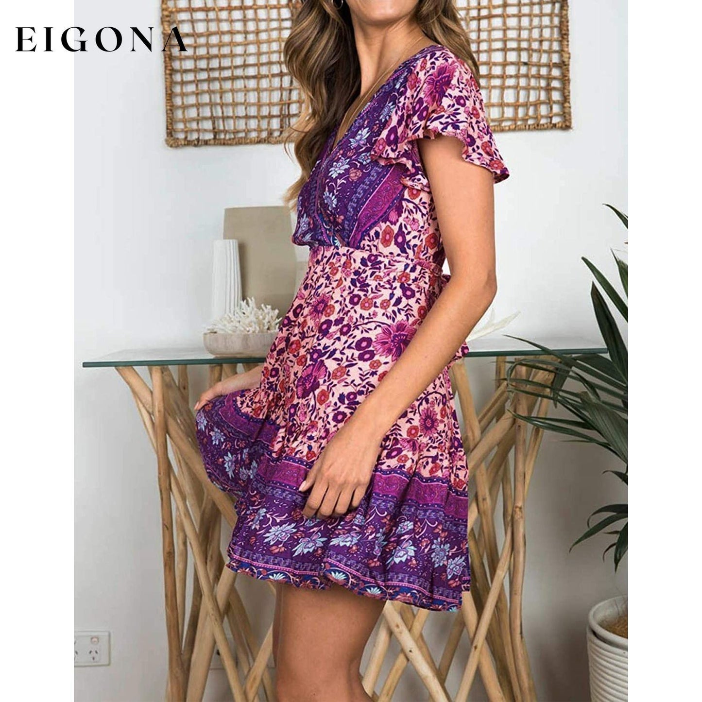 Women’s Summer Wrap V Neck Bohemian Floral Print Mini Dress __stock:200 casual dresses clothes dresses refund_fee:1200