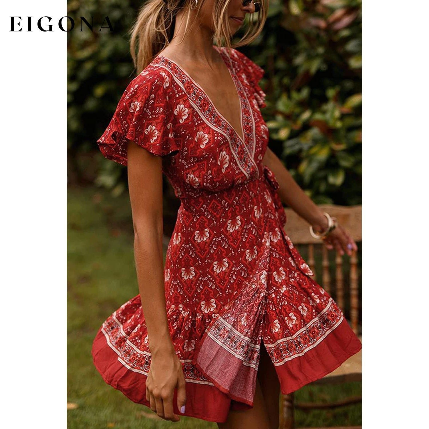 Women’s Summer Wrap V Neck Bohemian Floral Print Mini Dress __stock:200 casual dresses clothes dresses refund_fee:1200