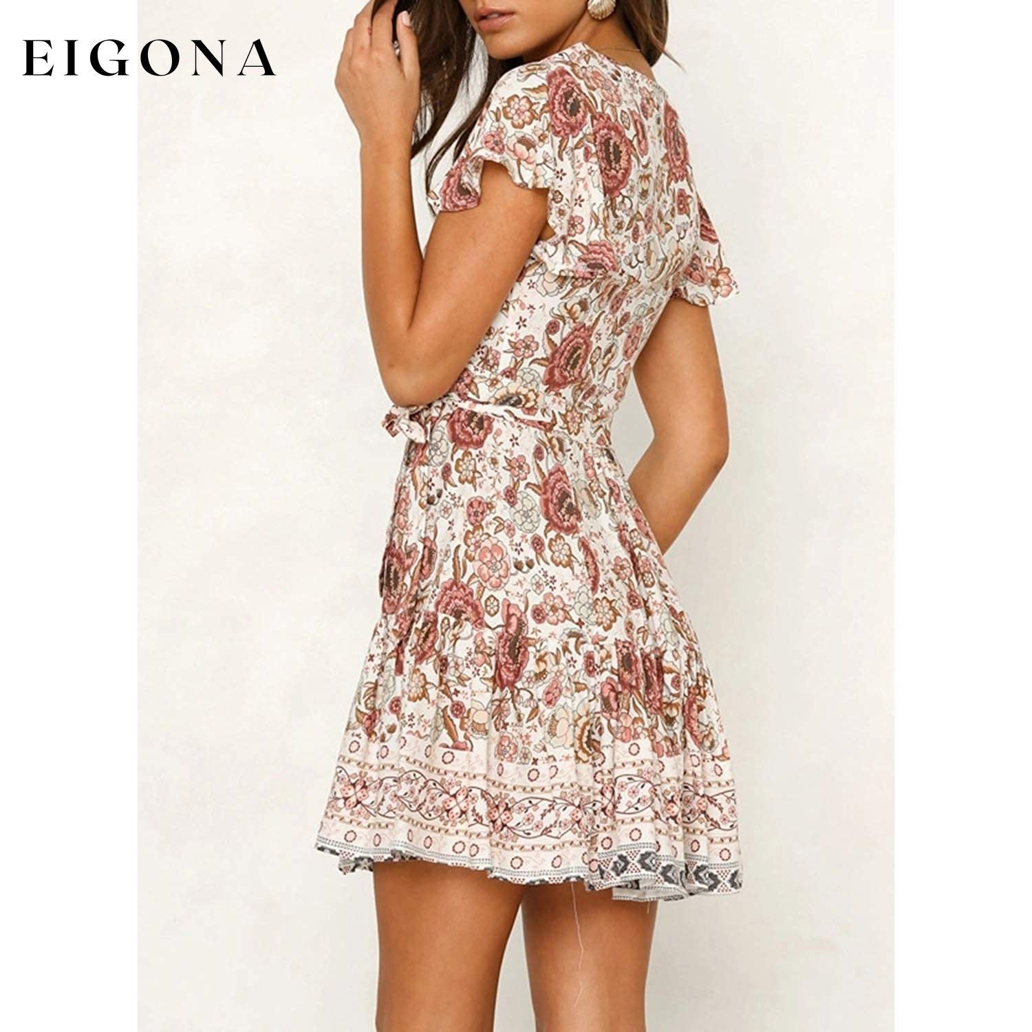 Women’s Summer Wrap V Neck Bohemian Floral Print Mini Dress __stock:200 casual dresses clothes dresses refund_fee:1200