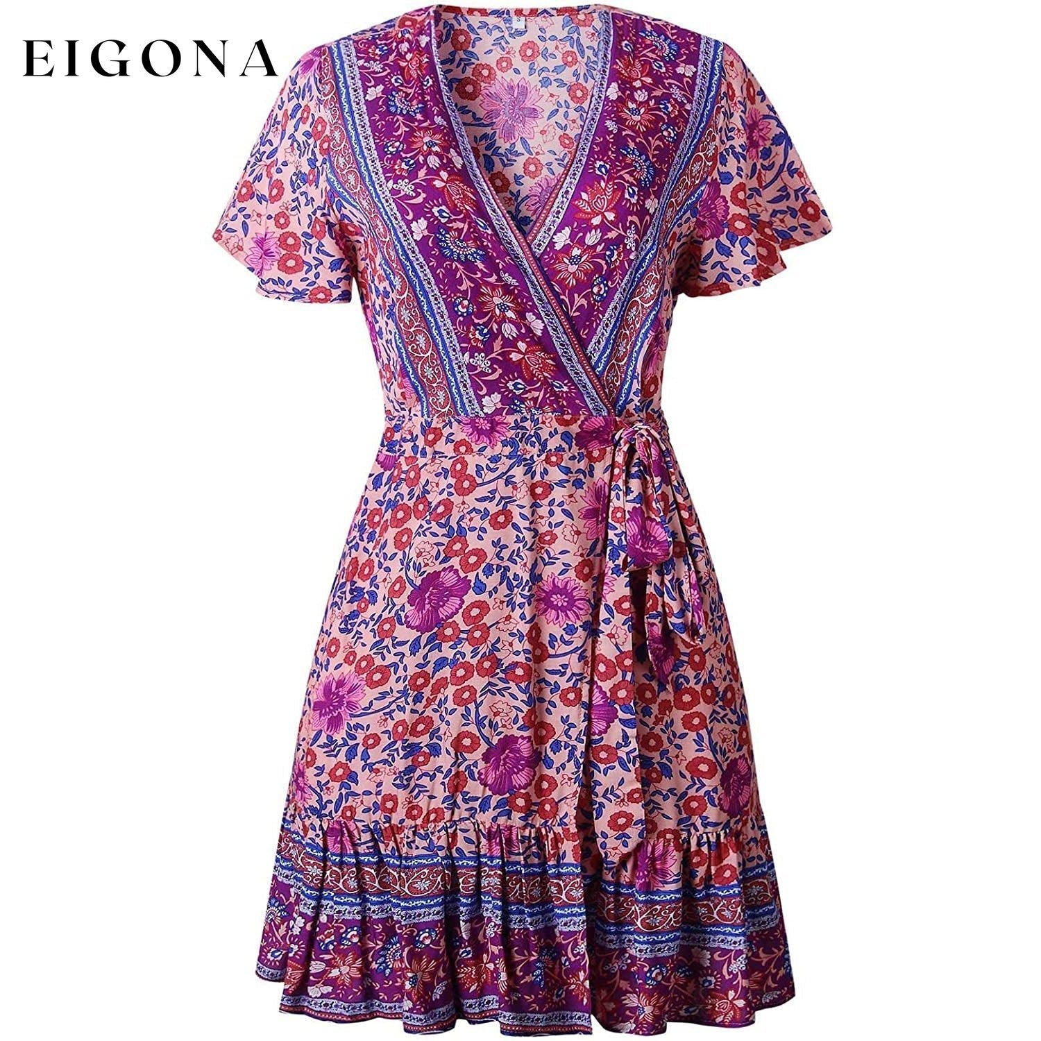 Women’s Summer Wrap V Neck Bohemian Floral Print Mini Dress __stock:200 casual dresses clothes dresses refund_fee:1200