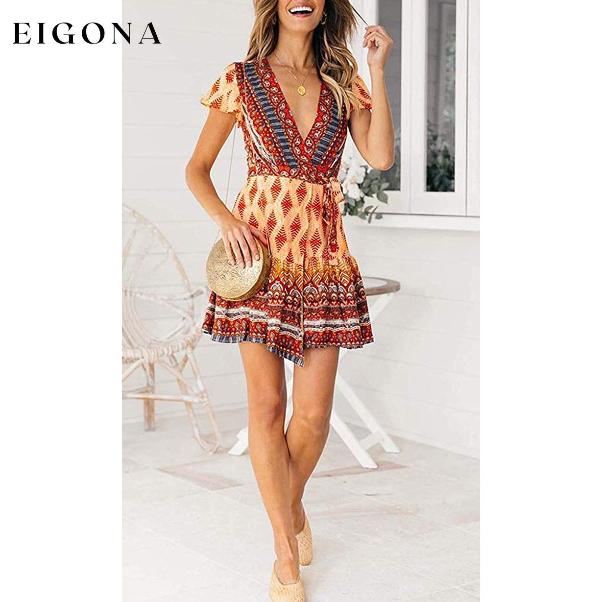 Women’s Summer Wrap V Neck Bohemian Floral Print Mini Dress __stock:200 casual dresses clothes dresses refund_fee:1200