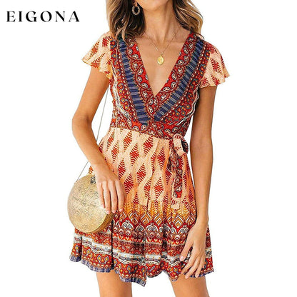 Women’s Summer Wrap V Neck Bohemian Floral Print Mini Dress Orange __stock:200 casual dresses clothes dresses refund_fee:1200