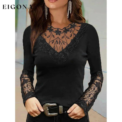 Women's T-Shirt Floral Lace Patchwork Long Sleeve Black __stock:200 clothes refund_fee:1200 tops