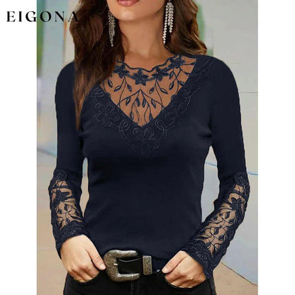Women's T-Shirt Floral Lace Patchwork Long Sleeve Navy __stock:200 clothes refund_fee:1200 tops