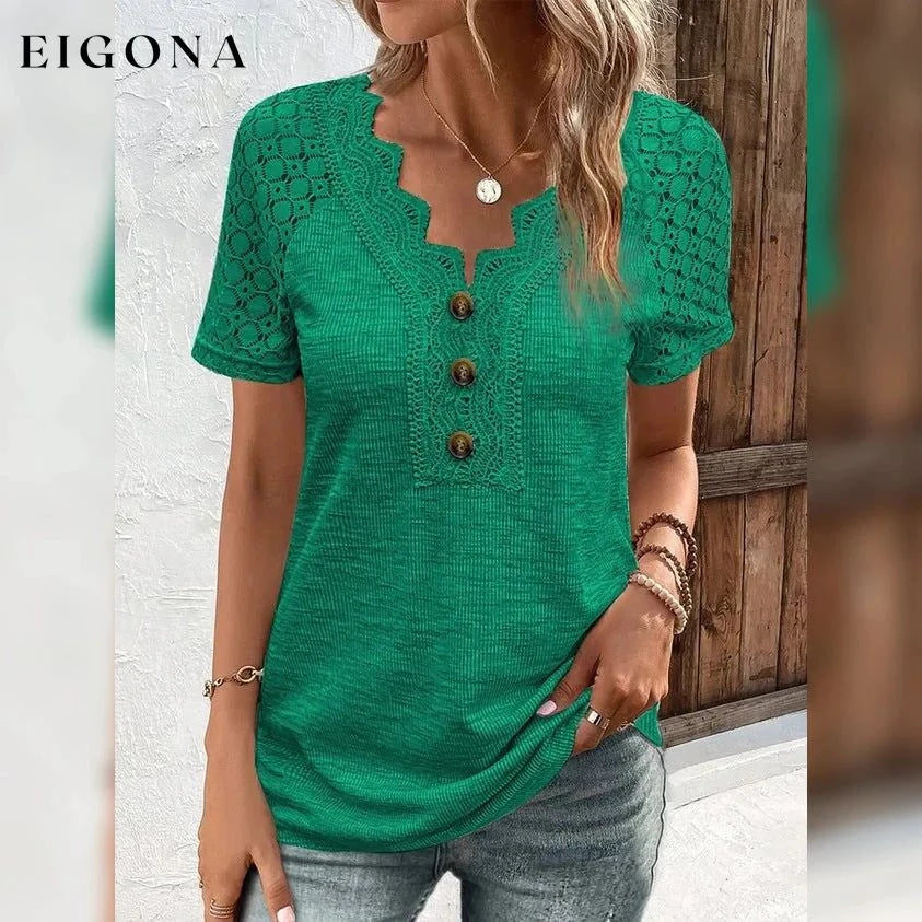 Women's T-Shirt Plain Lace Button Short Sleeve Green clothes refund_fee:1200 tops