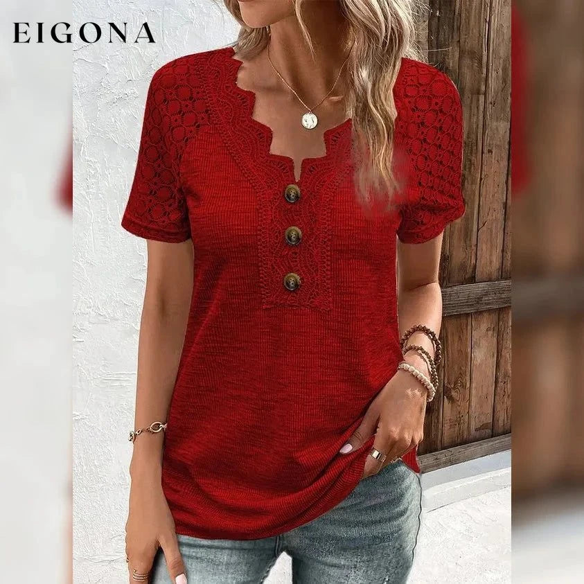 Women's T-Shirt Plain Lace Button Short Sleeve Red clothes refund_fee:1200 tops