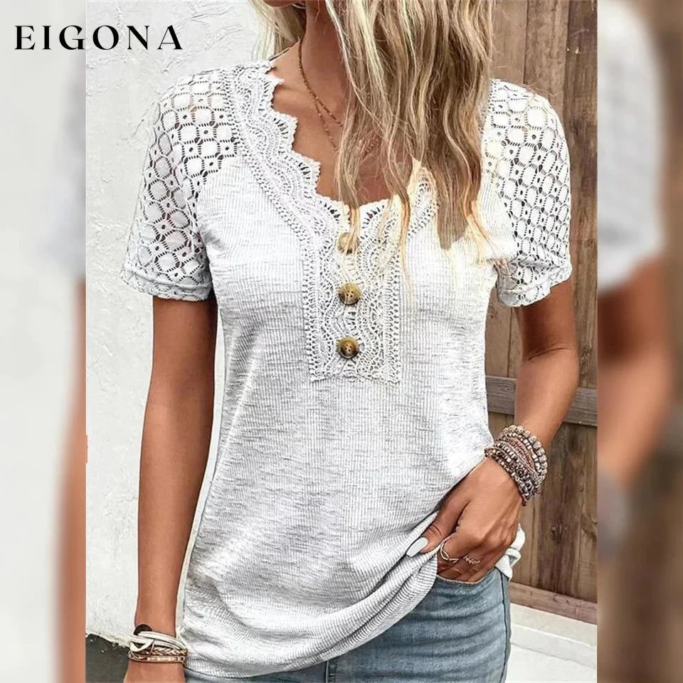 Women's T-Shirt Plain Lace Button Short Sleeve White clothes refund_fee:1200 tops