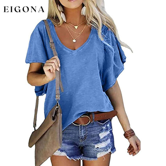 Women's T-Shirt Solid V-Neck Basic Casual Top Blue __stock:200 clothes refund_fee:800 tops