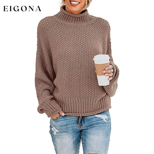 Women's Turtleneck Batwing Sleeve Loose Oversized Chunky Knitted Pullover Sweater Jumper Tops Khaki __stock:500 clothes refund_fee:1200 tops