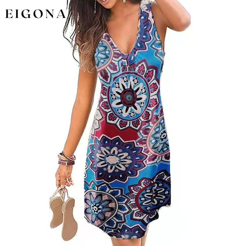 Women's V-Neck A-Line Knee Length Skirt Ethnic Wind Blue __stock:200 casual dresses clothes dresses refund_fee:1200
