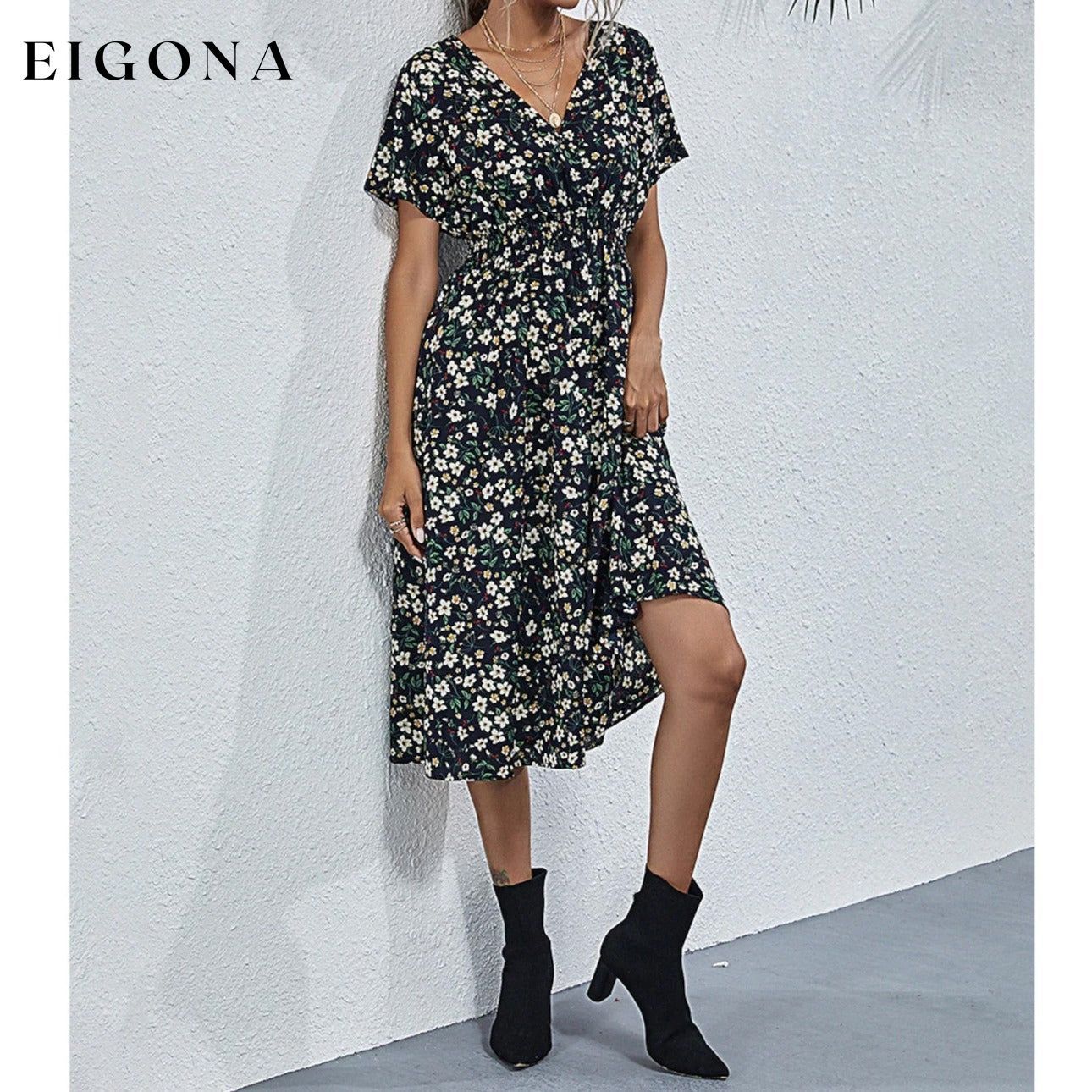 Women's V Neck Casual Boho Loose Midi Dress Black __stock:200 casual dresses clothes dresses refund_fee:1200 show-color-swatches