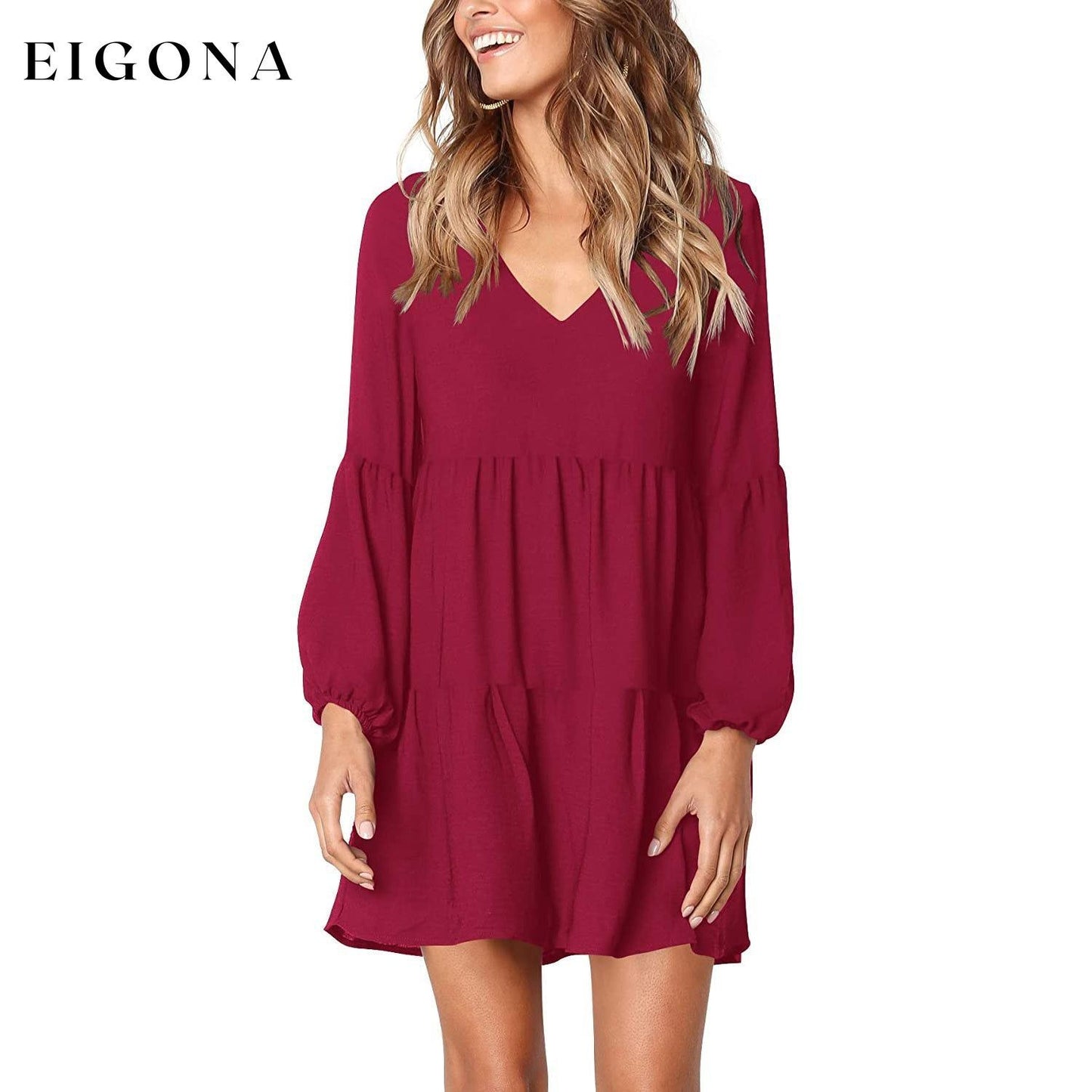 Women's V Neck Casual Loose Dress Burgundy __stock:200 casual dresses clothes dresses refund_fee:1200