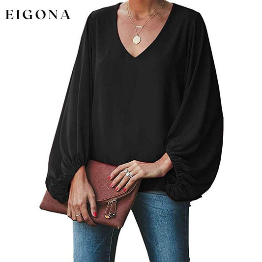 Womens V Neck Chiffon Blouses Casual Balloon Sleeve Floral Print Shirts Tops Black __stock:200 clothes refund_fee:800 tops
