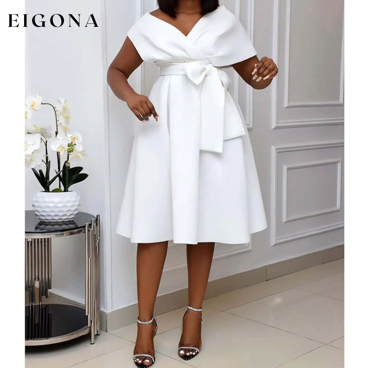 Women's V-Neck Elegant A-Line Dress White __stock:200 casual dresses clothes dresses refund_fee:1200 show-color-swatches