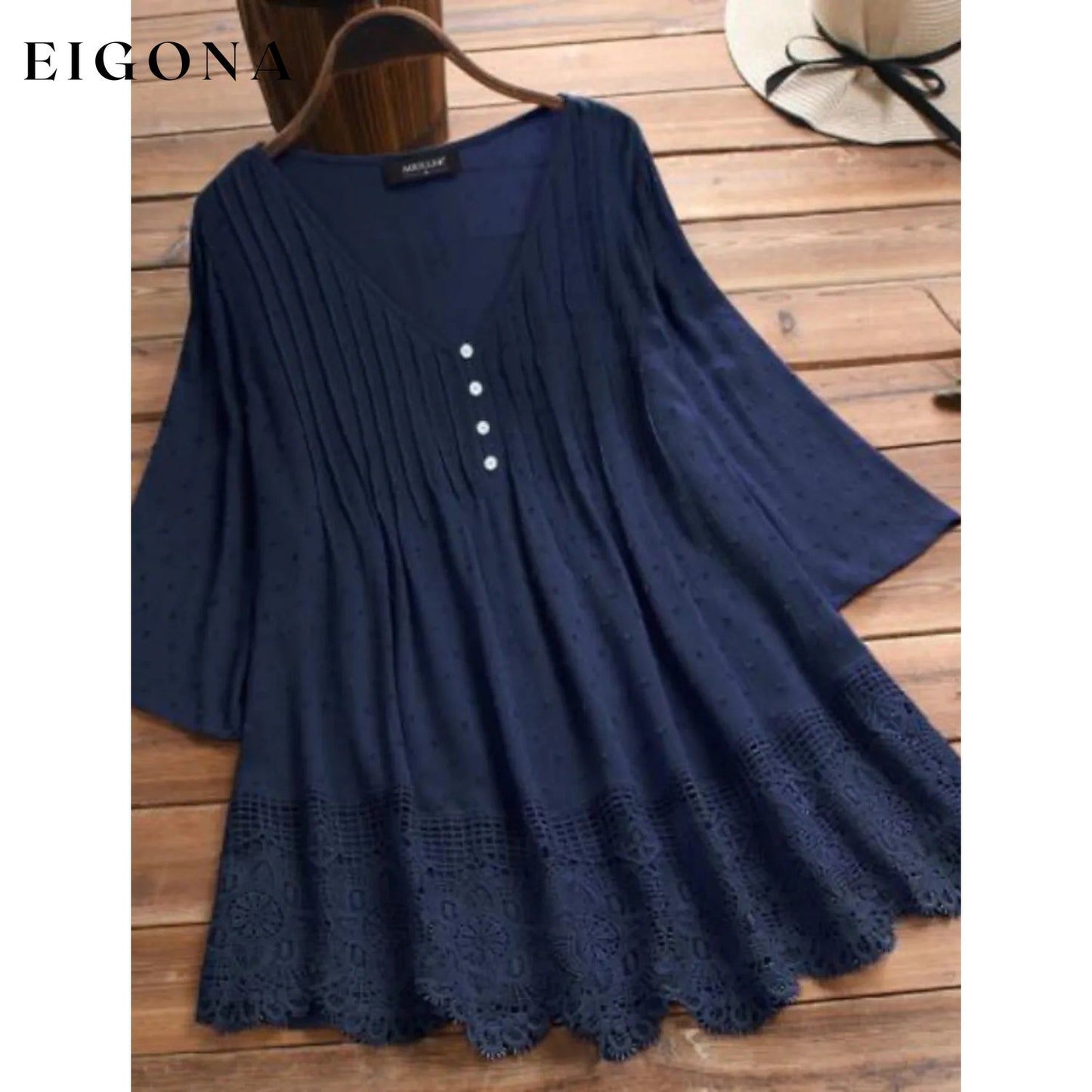 Women's V-Neck Floral Lace Top Dark Blue __stock:200 clothes refund_fee:1200 tops