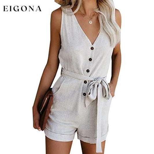 Women's V Neck Jumpsuits Casual Sleeveless Romper Beige __stock:500 casual dresses clothes dresses refund_fee:1200