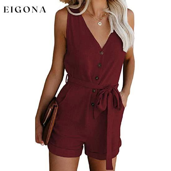 Women's V Neck Jumpsuits Casual Sleeveless Romper Wine Red __stock:500 casual dresses clothes dresses refund_fee:1200