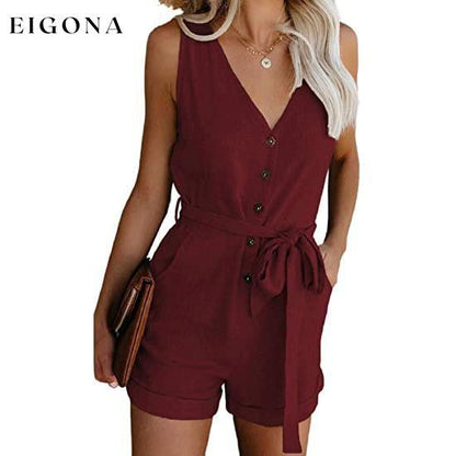 Women's V Neck Jumpsuits Casual Sleeveless Romper Wine Red __stock:500 casual dresses clothes dresses refund_fee:1200