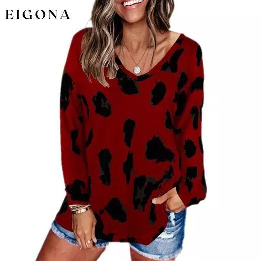 Women's V-Neck Leopard Print Inspired Top Wine __stock:500 clothes refund_fee:800 tops