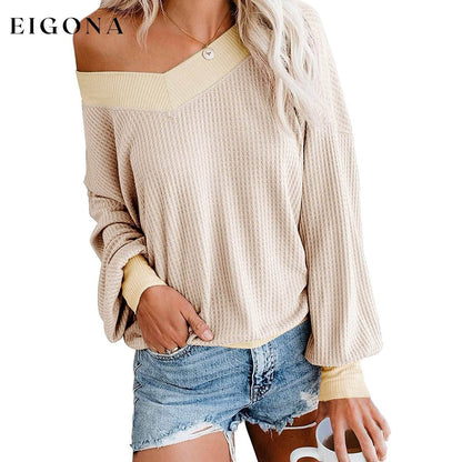 Women's V Neck Long Sleeve Waffle Knit Top Off Shoulder Oversized Pullover Sweater Apricot __stock:500 clothes refund_fee:800 tops