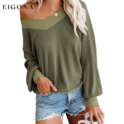 Women's V Neck Long Sleeve Waffle Knit Top Off Shoulder Oversized Pullover Sweater Army Green __stock:500 clothes refund_fee:800 tops