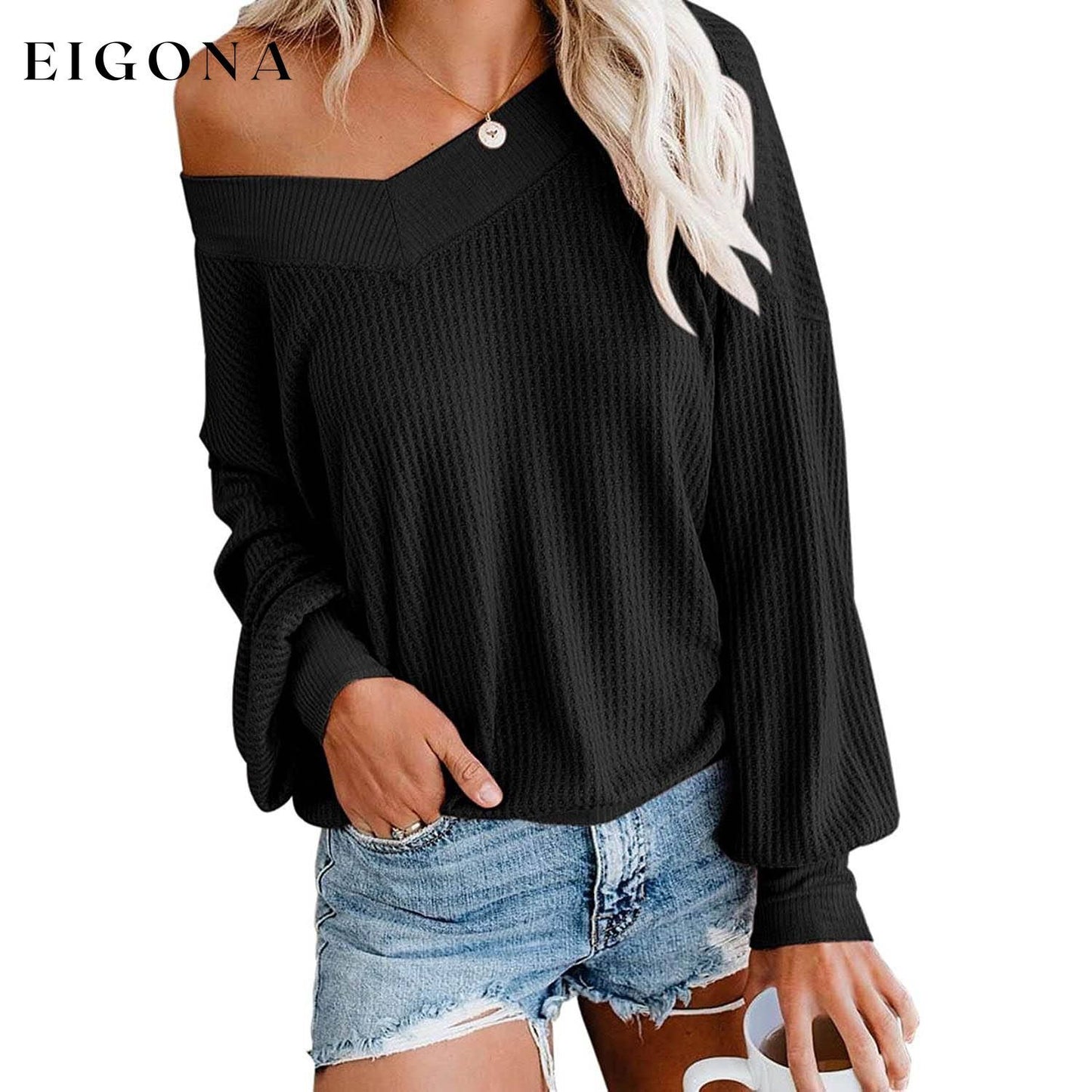 Women's V Neck Long Sleeve Waffle Knit Top Off Shoulder Oversized Pullover Sweater Black __stock:500 clothes refund_fee:800 tops