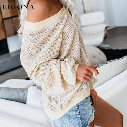 Women's V Neck Long Sleeve Waffle Knit Top Off Shoulder Oversized Pullover Sweater __stock:500 clothes refund_fee:800 tops