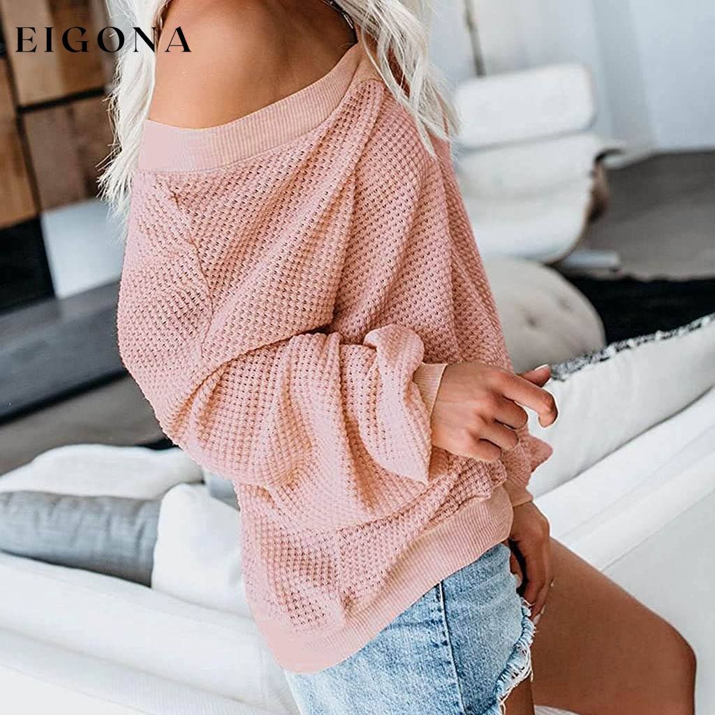 Women's V Neck Long Sleeve Waffle Knit Top Off Shoulder Oversized Pullover Sweater __stock:500 clothes refund_fee:800 tops