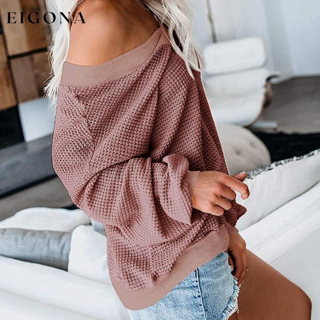 Women's V Neck Long Sleeve Waffle Knit Top Off Shoulder Oversized Pullover Sweater __stock:500 clothes refund_fee:800 tops