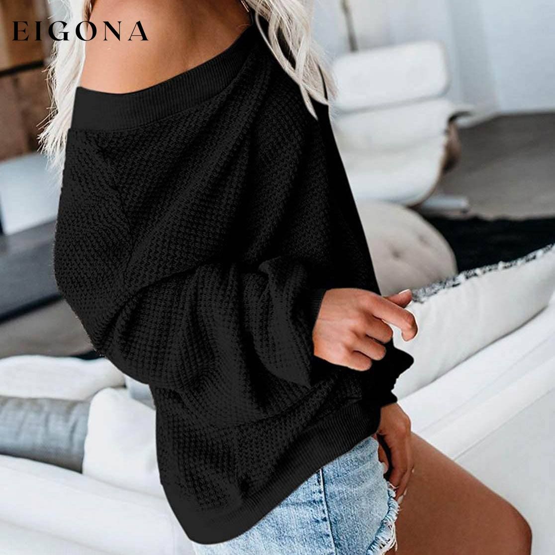 Women's V Neck Long Sleeve Waffle Knit Top Off Shoulder Oversized Pullover Sweater __stock:500 clothes refund_fee:800 tops