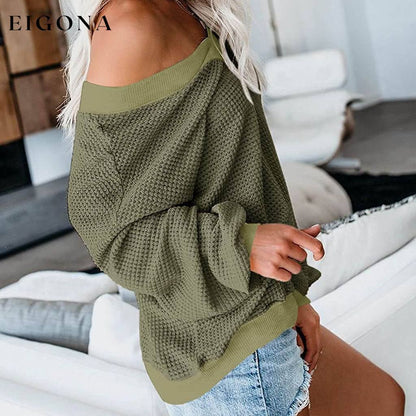 Women's V Neck Long Sleeve Waffle Knit Top Off Shoulder Oversized Pullover Sweater __stock:500 clothes refund_fee:800 tops