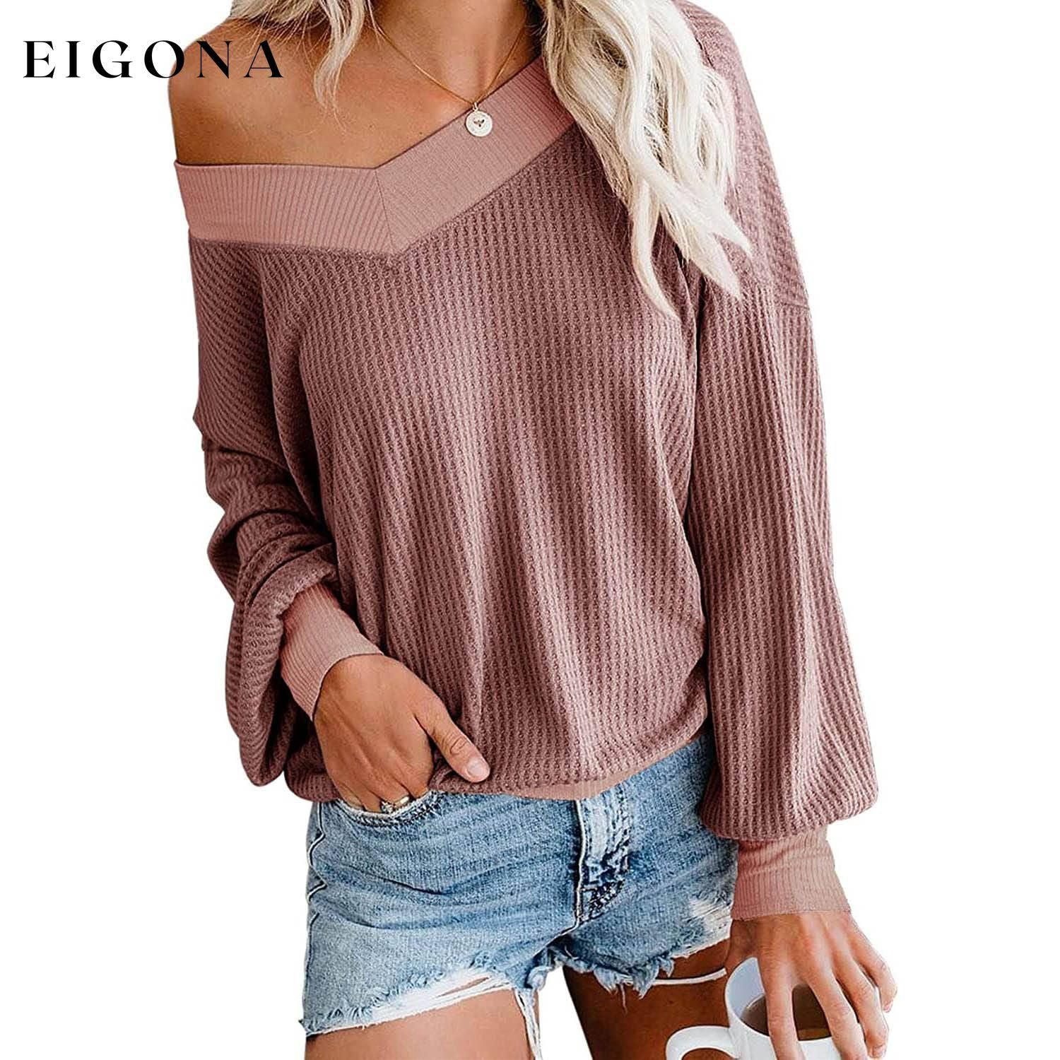 Women's V Neck Long Sleeve Waffle Knit Top Off Shoulder Oversized Pullover Sweater Mauve __stock:500 clothes refund_fee:800 tops