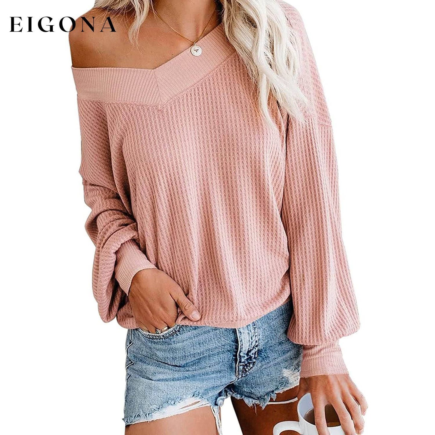 Women's V Neck Long Sleeve Waffle Knit Top Off Shoulder Oversized Pullover Sweater Pink __stock:500 clothes refund_fee:800 tops