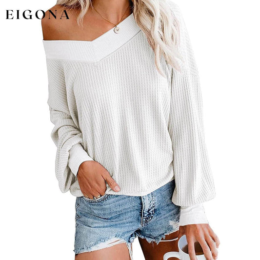 Women's V Neck Long Sleeve Waffle Knit Top Off Shoulder Oversized Pullover Sweater White __stock:500 clothes refund_fee:800 tops