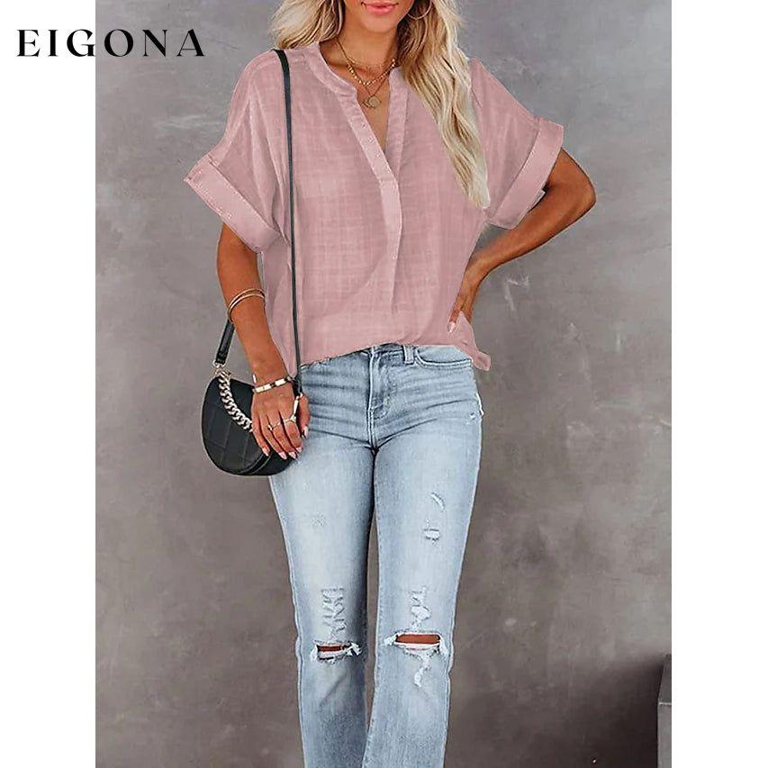 Women's V-Neck Loose Shirt Short Sleeve Top Pink __stock:200 clothes refund_fee:1200 tops