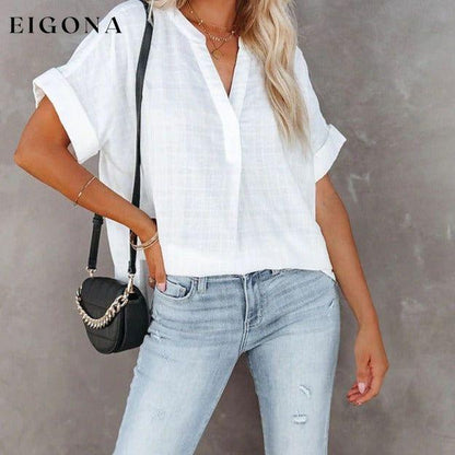 Women's V-Neck Loose Shirt Short Sleeve Top White __stock:200 clothes refund_fee:1200 tops