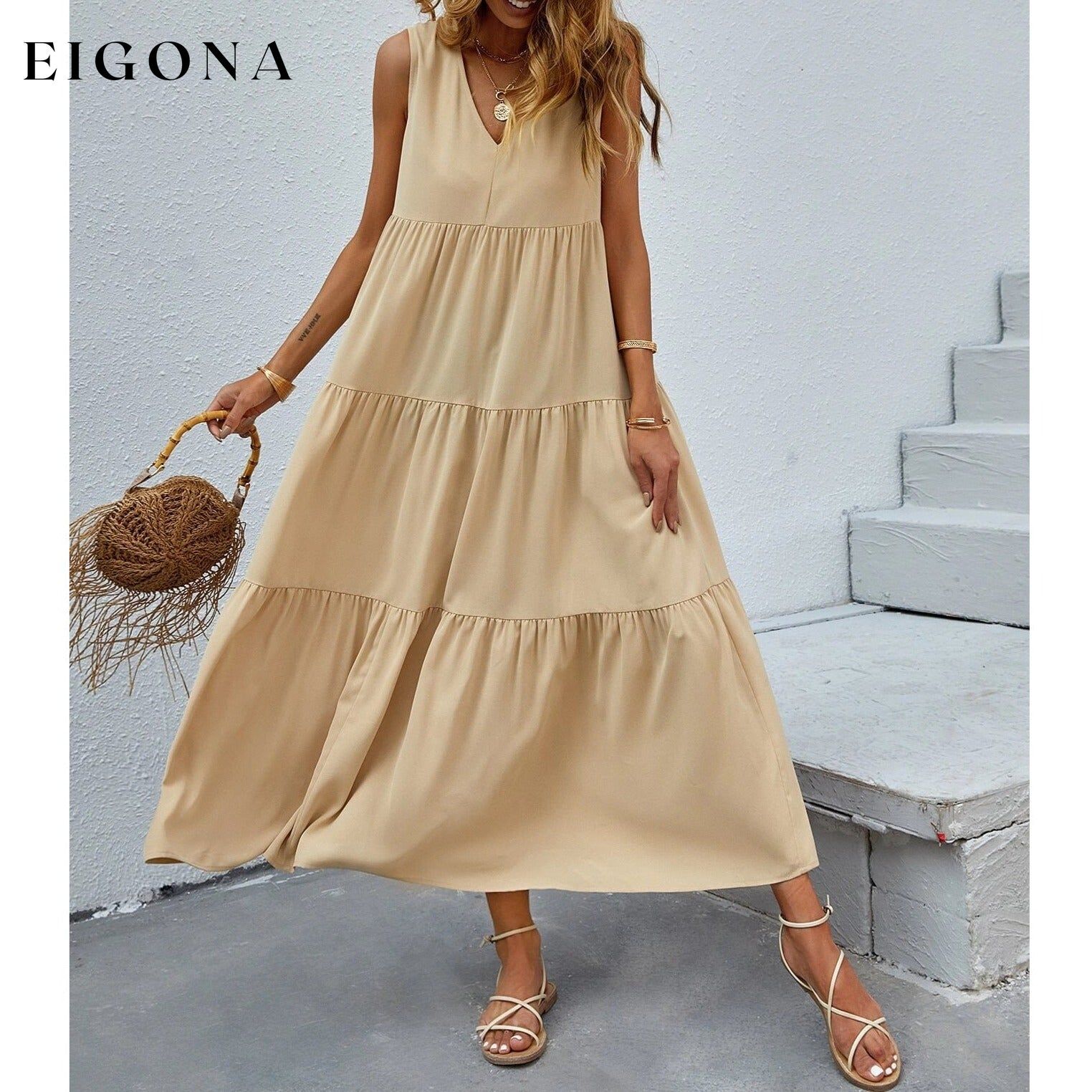 Women's V-neck Ruffle Hem Solid Dress __stock:200 casual dresses clothes dresses refund_fee:1200