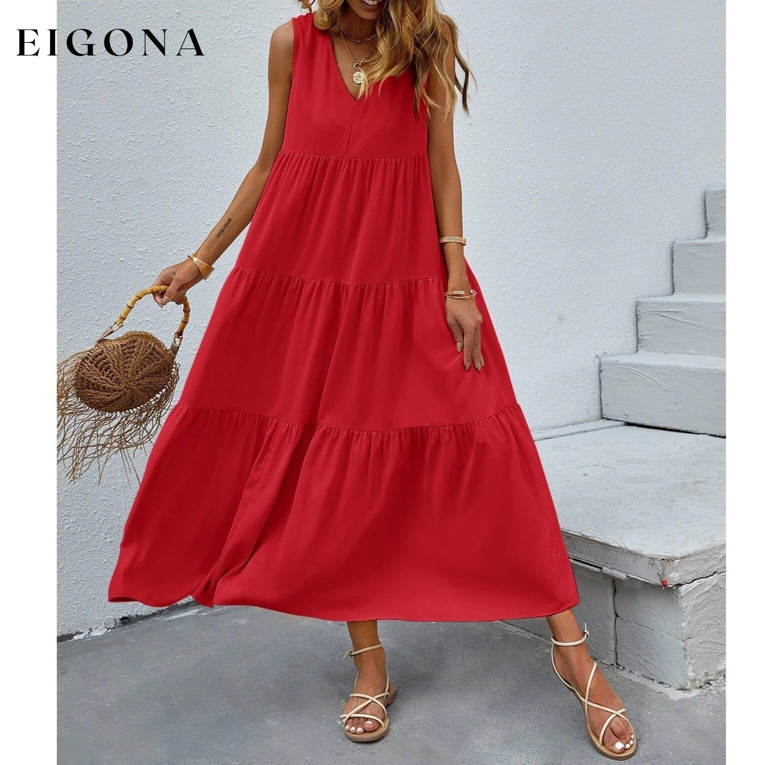 Women's V-neck Ruffle Hem Solid Dress __stock:200 casual dresses clothes dresses refund_fee:1200