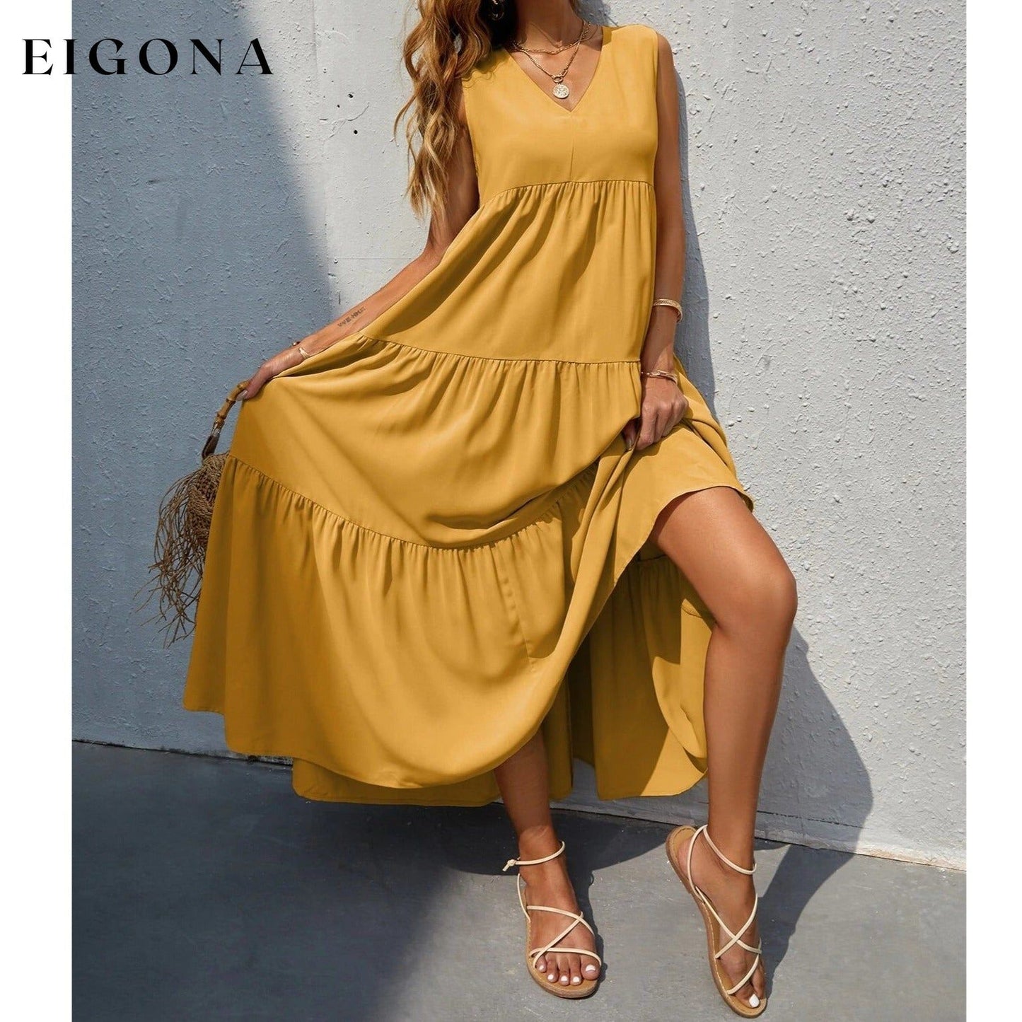 Women's V-neck Ruffle Hem Solid Dress Yellow __stock:200 casual dresses clothes dresses refund_fee:1200