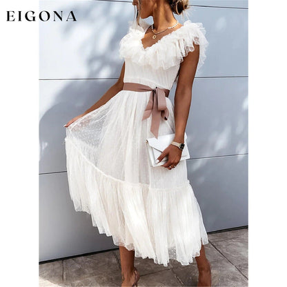 Women's V-Neck Solid Pleated Dress White __stock:200 casual dresses clothes dresses refund_fee:1800