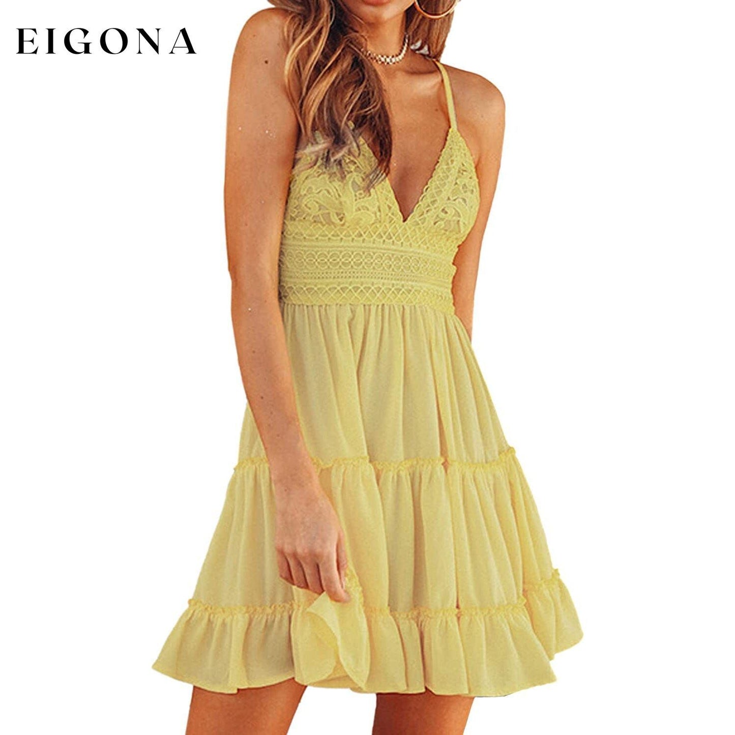 Womens V-Neck Spaghetti Strap Bowknot Backless Sleeveless Lace Mini Swing Skater Dress Yellow __stock:200 casual dresses clothes dresses refund_fee:1200