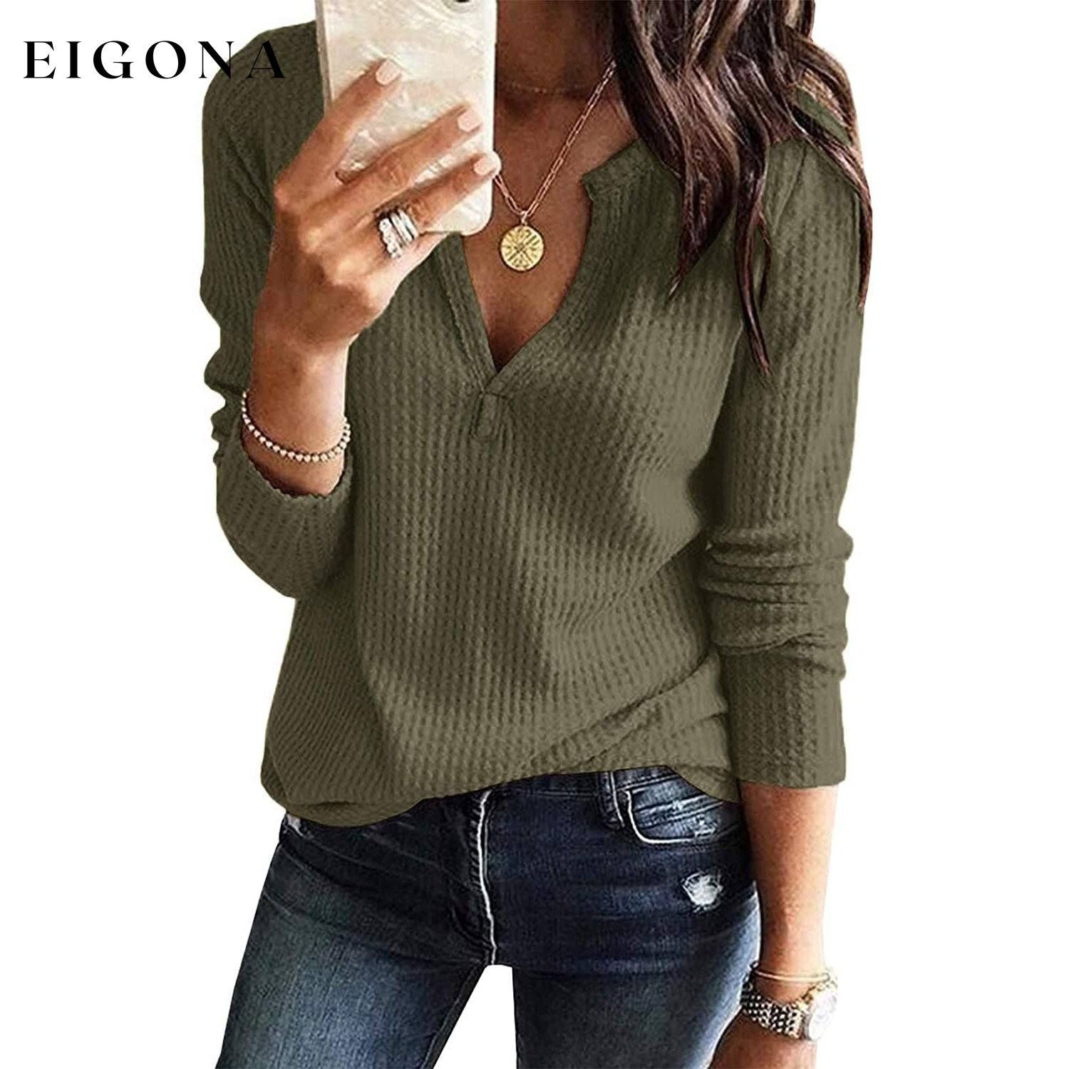 Women's V Neck Waffle Knit Henley Tops Army Green __stock:500 clothes refund_fee:800 tops