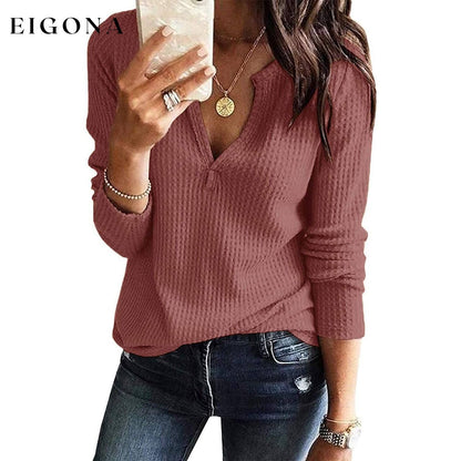 Women's V Neck Waffle Knit Henley Tops Brick __stock:500 clothes refund_fee:800 tops
