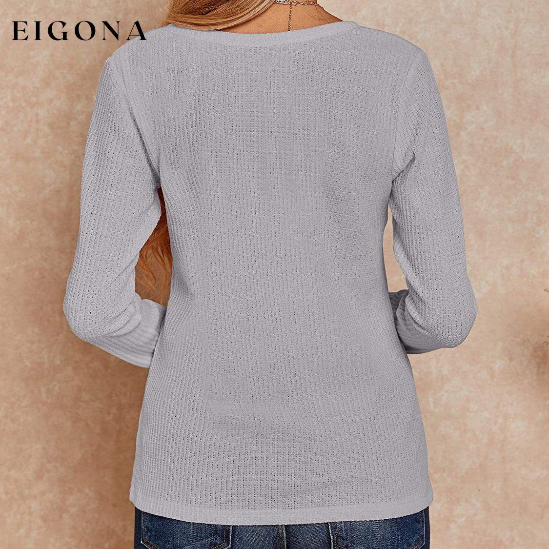 Women's V Neck Waffle Knit Henley Tops __stock:500 clothes refund_fee:800 tops